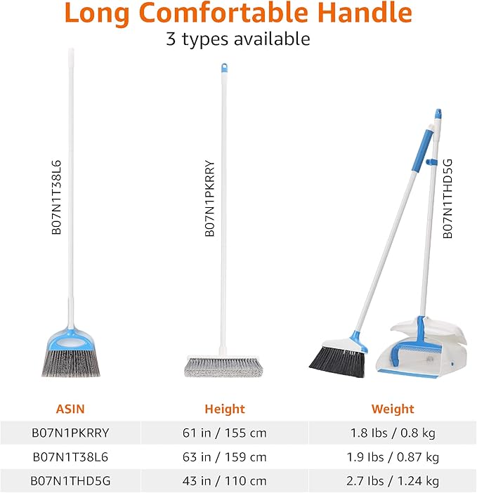 Amazon Basics Dustpan Broom Set with Easy Assembly and Long Handle, Blue and White (Pack of 8)