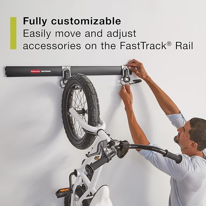 Rubbermaid FastTrack Garage Storage Bike Storage Kit, 3 Piece, All in One Rail Hook Kit Organizer, Heavy Duty Organization for Home/Garage/Wall/Shed