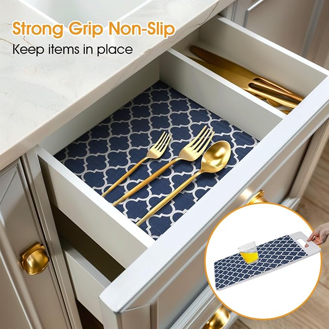 Shelf and Drawer Liner for Kitchen Cabinets Non-Adhesive, Strong Grip Non-Slip Thickened Cabinet Liners for Shelves, Waterproof Mats for Dresser Cupboard, Blue, 12 in x 20 Feet