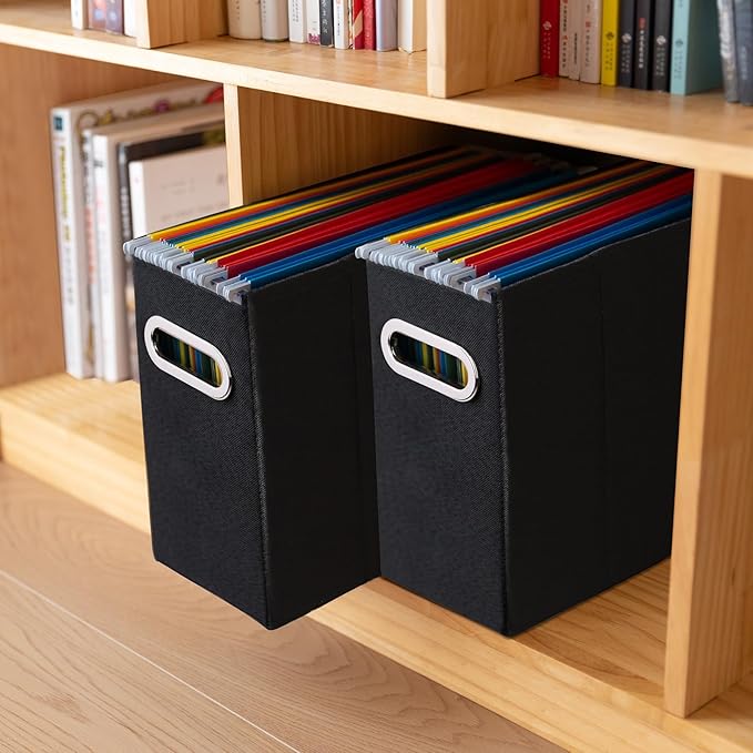 4 Packs Letter Size File Organizer, File Folders Organizer, Fabric Storage Box, Collapsible Paper Organizer with Metal Handle, Smooth PVC Rails, Only Box (Black)