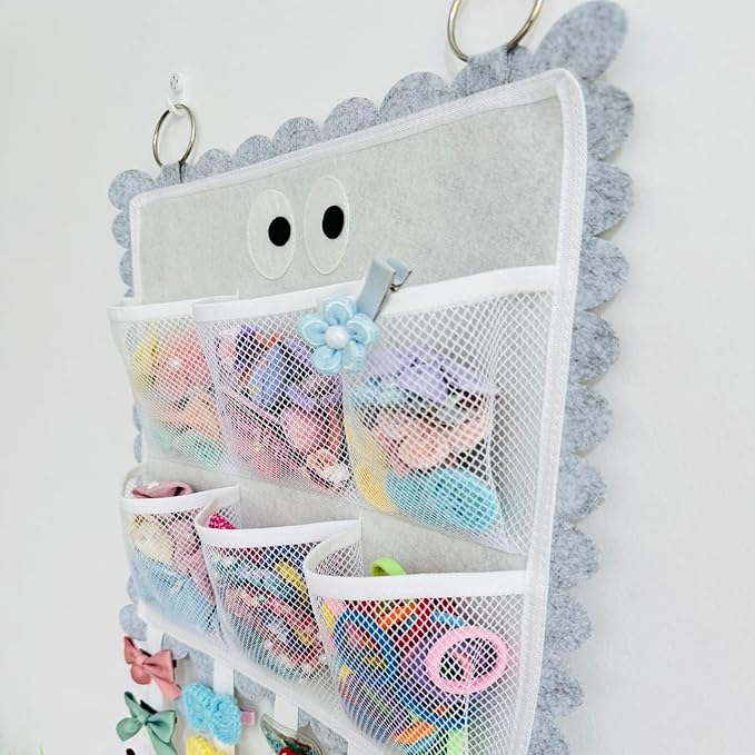 Hanging Hair Clip Organizer with Pockets for Hair Ties, Hair Bow Holder for Girls Barrettes, Scrunchies – Cute Hair Accessories Organizer for Kids & Toddlers（Gray