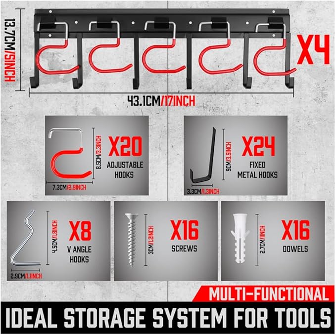 SEDY 68" All Metal Garden Tool Organizer Hooks - Garage Wall Organizer Sturdy Garden Tool Storage System Yard Tool Garage Tool Organizer Wall Mount Shed Organization Shovel Broom Rake Holder