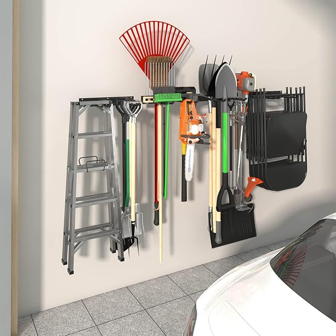 Godboat Garage Storage, Garden Tool Organizer, 4 Hooks Yard Organization, Garage Shelving Wall Mount, Heavy-Duty Garage Organizer, Cool Gadgets & Gifts for Dad, Men, Fathers Day, Max Load 320 Lbs