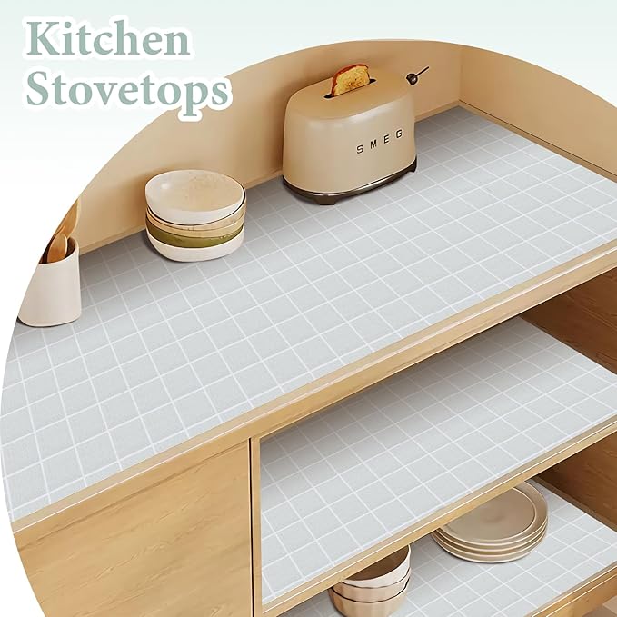 Drawer and Shelf Liner for Kitchen Cabinet: 17 in X 30 Ft Non Slip Waterproof Shelf Paper Non Adhesive Refrigerator Liners Light Gray Grid Easy Liners for Bathroom