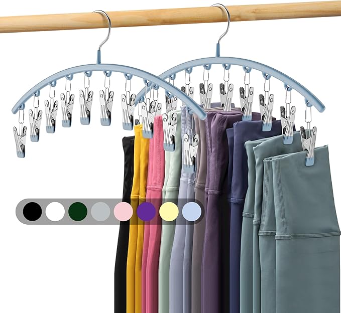 Legging Organizer for Closet, Metal Yoga Pants Hanger w/Rubber Coated 2 Pack w/10 Clips Hold 20 Leggings, Hangers Space Saving Hanging Closet Organizer for Closet Organizers and Storage, Blue