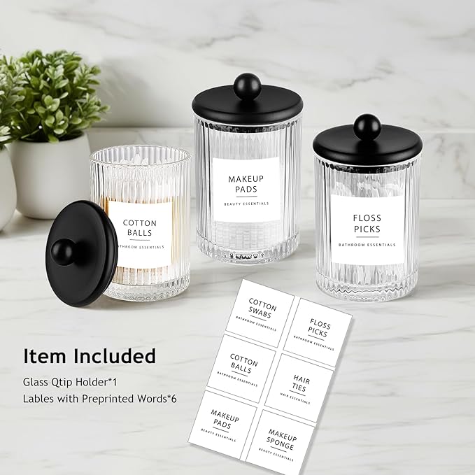 SheeChung 1-Pack Black Ribbed Glass Qtip Holder - Apothecary Jar Bathroom Organizer with Metal Lid - Small Vanity Canister for Cotton Swabs, Rounds, Floss Picks - Modern Luxury Decor