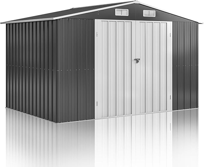 10x8 FT Outdoor Storage Shed, Metal Garden Tool Shed with Updated Frame Structure and Lockable Doors, Ideal for Backyard Garden Patio Lawn, Grey