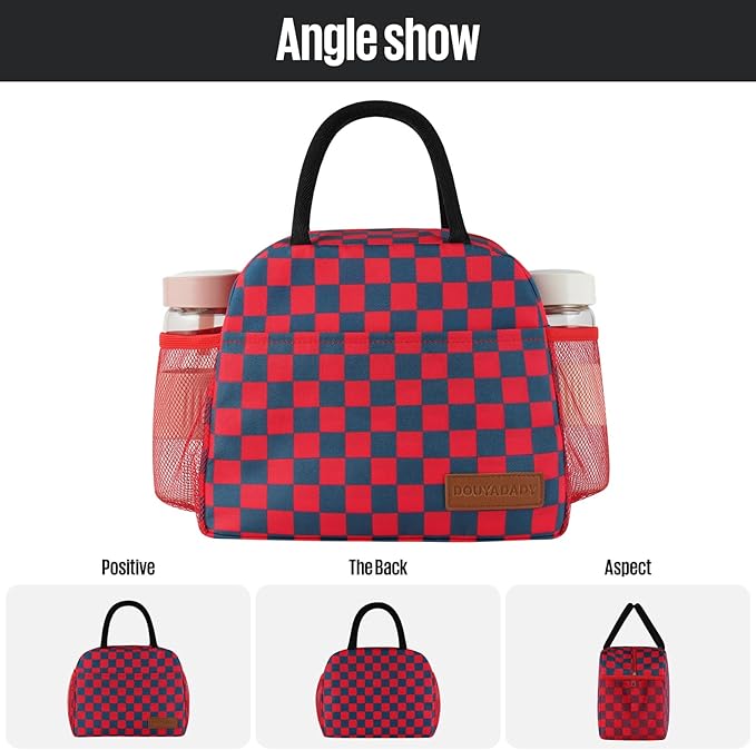 Lunch Bag Women/Men Lunch Box Women/Men (Dark blue+Red Checkerboard)