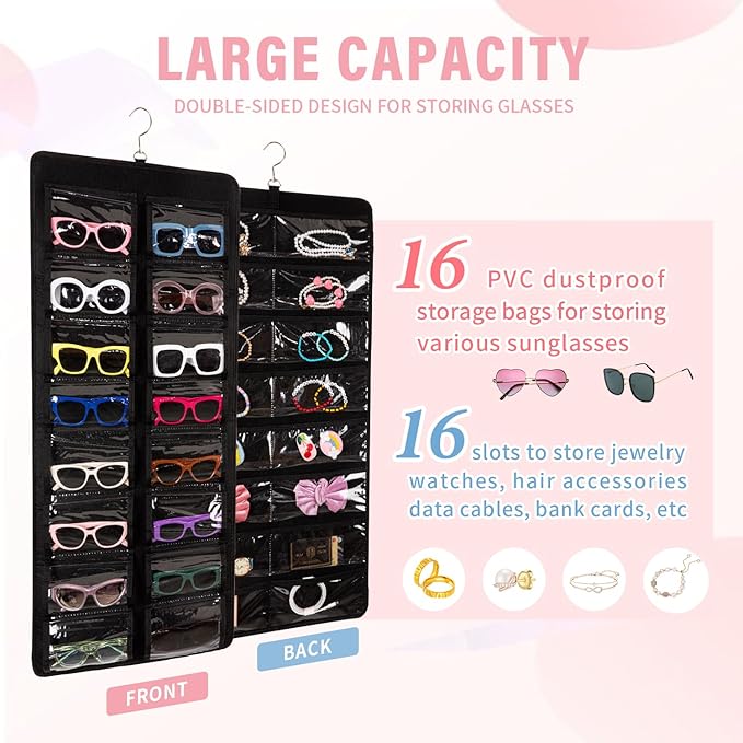 Dual Sided Sunglasses Storage organizer case, Eyeglasses Holder Wall Mounted with 32 Clear Slots & Metal Hook, Dust Proof Sunglasses Storage Case