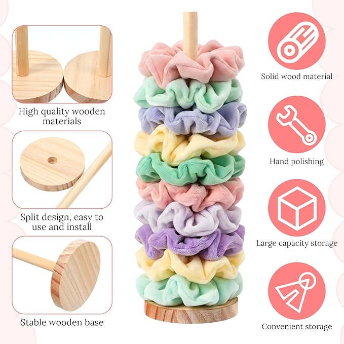 2 Pcs Scrunchie Holder Stand Hair Tie Organizer Vertical 15-20 Scrunchies Hairs Accessories Organizer Display Scrunchy Wood Hair Tie Holder Storage for Women Bathroom Bedroom Decor