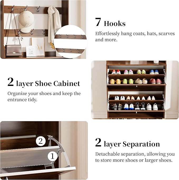 Shoe Cabinet for Entryway with 2 Flip Drawers & Coat Rack, Narrow Hidden Shoe Storage Cabinet with Fluted Panel, 2-in-1 Hall Tree Slim Freestanding Shoe Rack Organizer for Hallway, Walnut