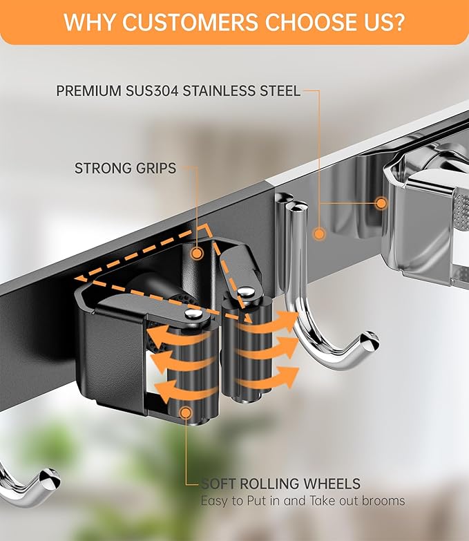 Broom Holder Over The Door - 304 Stainless Steel Mop and Broom Holder Wall Mounted or Hanging Over The Door with Hooks - Broom Hanger, Broom Storage Tool Organizer for Garage Closet Laundry