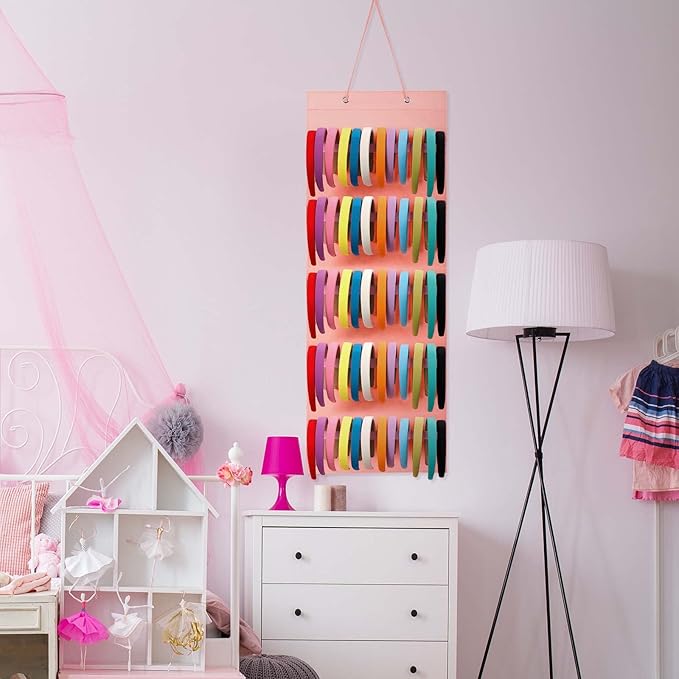 Tudomro Hanging Headband Holder for Girls Felt Hair Accessories Organizer with 60 Elastic Bands Bow Hanger for Girls Hair Bows Without Headbands(Plain Style,Pink)