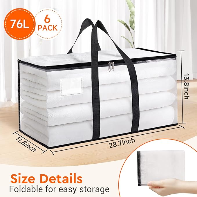 BlissTotes Moving Bags, 76L 6-Pack Storage Bags, Moving Box Heavy Duty Extra Large, Moving Totes with Zipper, Reinforced Handles Boxes for Packaging Moving, Decorative Wreath Storage