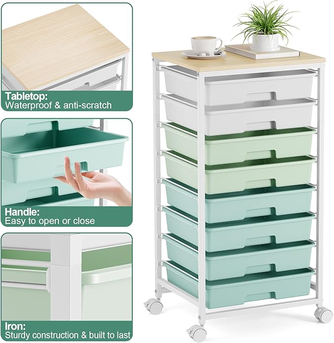Storage Cart with 8 Drawers, Utility Cart with White Drawers and Wooden Tabletop, Craft Cart, Teacher Organization for Classroom, Storage Furniture, Office Organization, Green