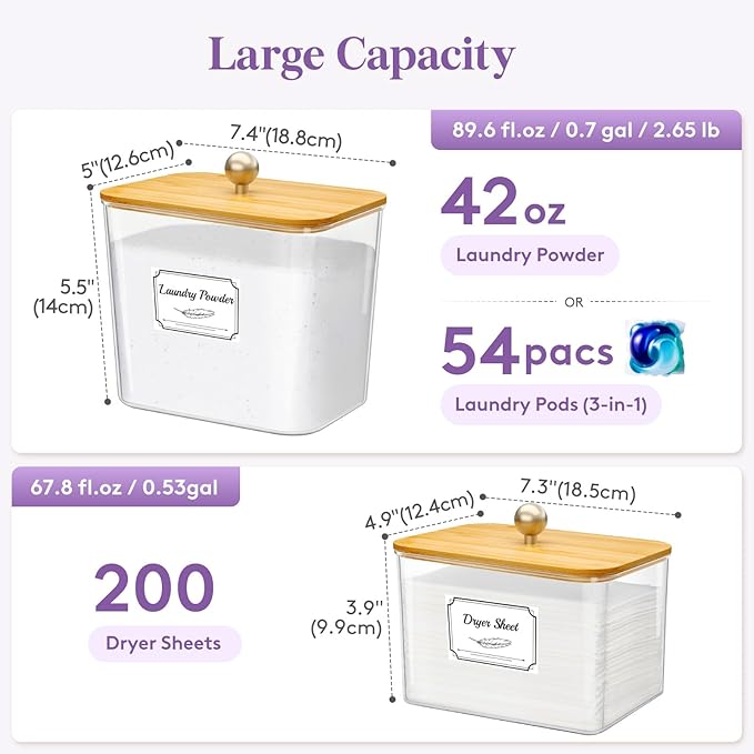 Lifewit Large Laundry Pods Container& Dryer Sheet Holder, Laundry Storage Containers, Laundry Room Organization Storage Jars for Powder, Scent Booster Beads,Bamboo Lid,0.53+0.7 gal,4 Pcs