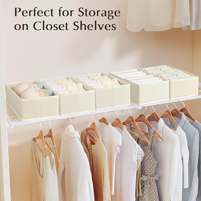 DIMJ Drawer Organizers Clothes, Set of 6 Dresser Organizer Bins, Fabric Closet Organizers and Storage, Shallow Drawer Dividers for Nursery, Clothing, Baby Clothes, Socks, Underwears, Tie (Beige)
