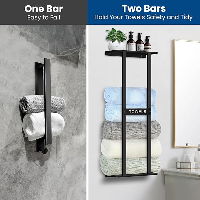 Bathroom Towel Storage Rack, Wall Mounted Bathroom Towel Rack, 30 inch Heavy Duty 6 Large Towels, Wall Mounted Towel Rack for Rolled Towels, Black