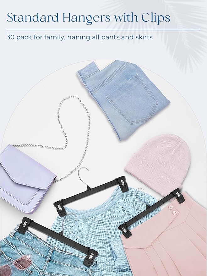 Smartor Space Saving Skirt Hangers - 150 Pack, Slim Plastic Pants and Shorts Hangers, Ridged Non-Slip with Pinch Clips, Black Clip Hanger for Women, 360-Rotating Chrome Swivel Hook, 12 Inches