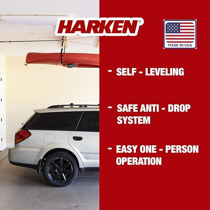 HARKEN Hoister - Overhead Garage Storage 2 Point Hoist System for Bikes, Kayaks, Surf & Paddle Boards (60lb Capacity, 16ft Ceiling) Safe Anti-Drop System, One-Person Operation - 7807.16