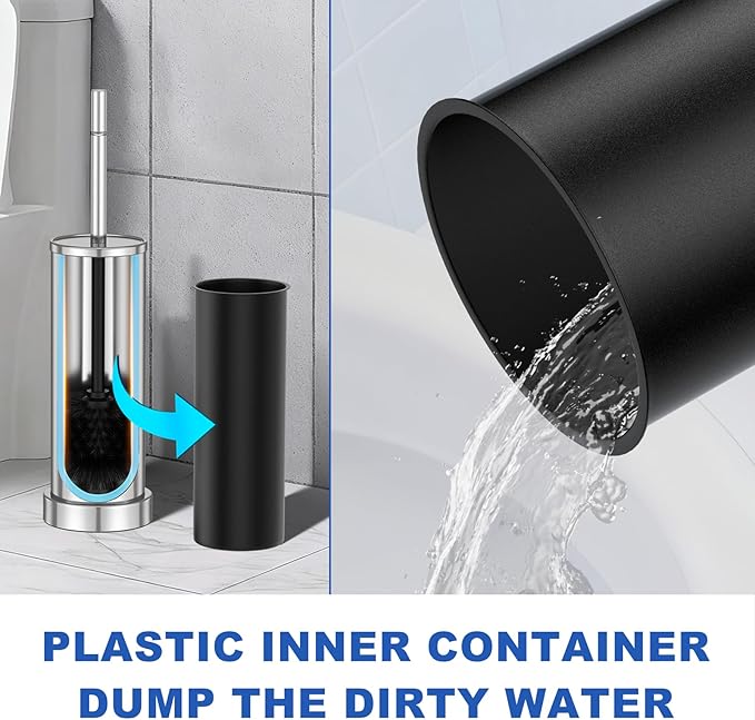 304 Stainless Steel Toilet Brush and Holder Set, Heavy Duty Toilet Bowl Brush and Holder with Removable Inner Bowl, Splash Protection, Long Handle for Bathroom