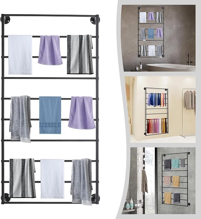 10 Tiers Tie & Scarf Rack, Wall Mounted Scarf Rack, Wall Display Rack, Multifunctional Metal Rack, Towels Storage Rack, Ribbon Holder Wall Display Rack for Accessory Stores Flower Shops (Black)