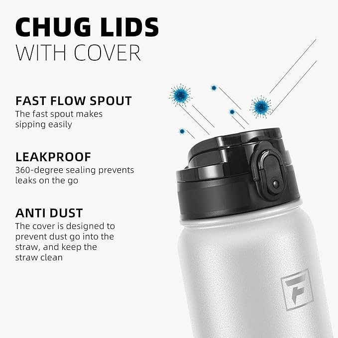 Fanhaw 32 oz Insulated Stainless Steel Water Bottle with Anti-Dust Chug Lid, Leakproof Vacuum Sports Bottle for Men & Women (White Black)