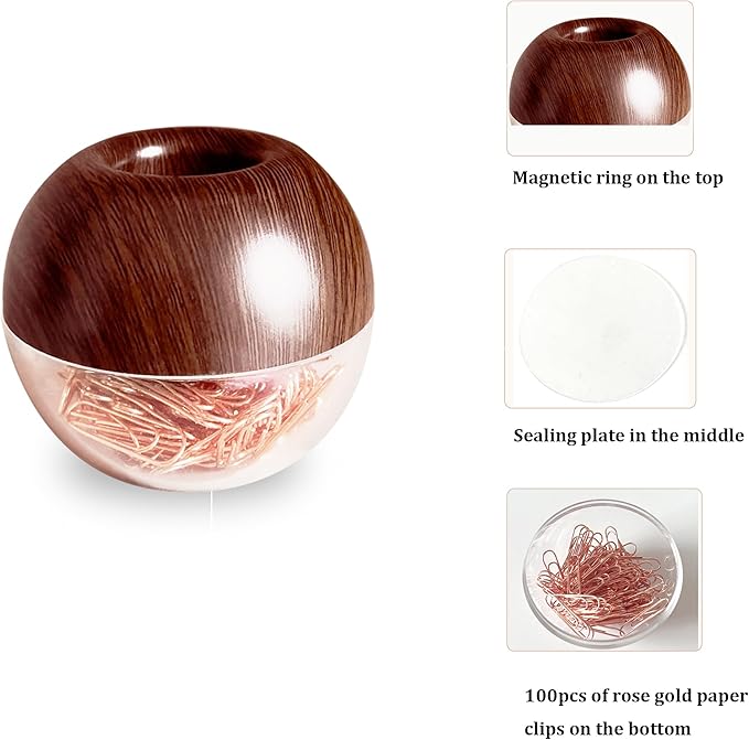 Walnut Wood Paper Clip Holder , Wooden Magnetic Paper Clip Dispenser with Rose Gold PaperClips 100pcs 28mm(1.1") Cute Office Supplies for Desk Organizer