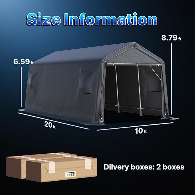 ADVANCE OUTDOOR Heavy Duty 10x20 ft Carport Outdoor Patio Portable Canopy Storage Shelter Shed with 2 Roll up Zipper Doors & Vents for Snowmobile Garden Tools, Gray