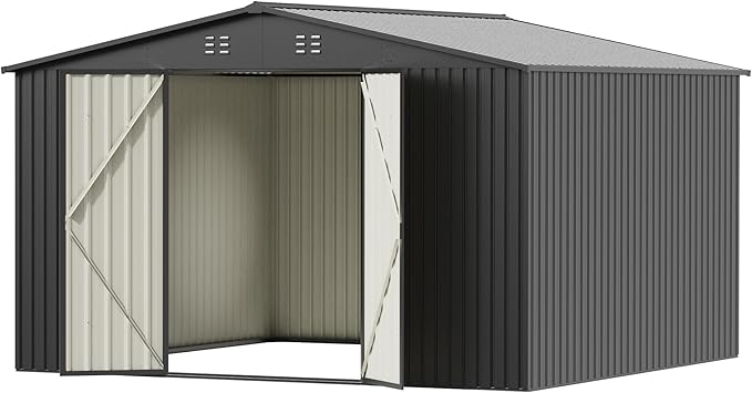 10 x 10 FT Outdoor Storage Shed, Metal Waterproof Storage Shed Steel Utility Garden Tool Shed with Door & Lock Outdoor Storage for Garden Patio Lawn Poolside Black