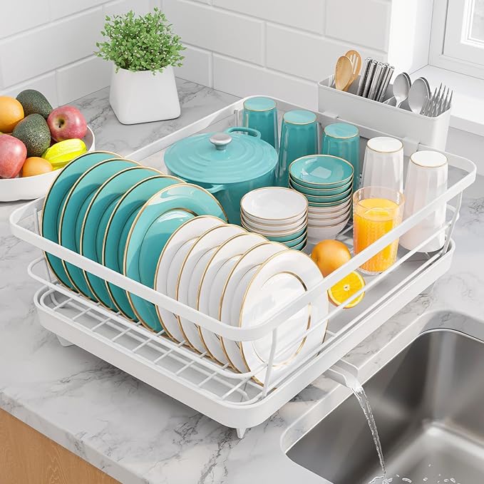 Stainless Steel Dish Drying Rack for Kitchen Counter, Sink Organization and Storage Essentials with Silverware & Utensil Holder, Home and Apartment Decor, 12''W x 15.5''L, White