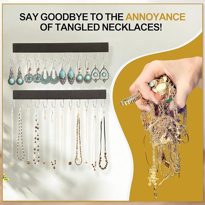 Hanging Jewelry Organizer, 2 Pack Black Necklace Holder for Wall Wooden Necklace Organizers Hangers Wall Mount with 24 Hooks Jewelry Display Hanger for Necklaces, Bracelets, Earrings, Keys