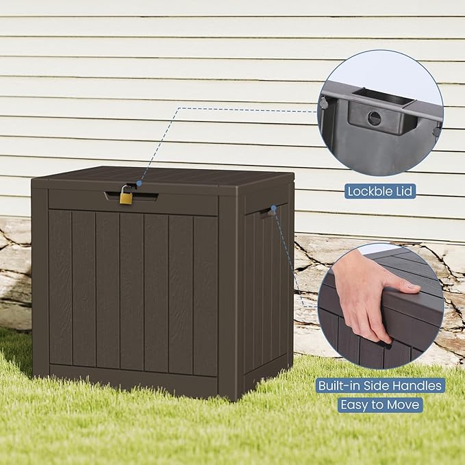 DUMOS 31 Gallon Deck Box, Lockable Outside Storage Box for Outdoor Use, Outside Waterproof Resin Package Delivery Box for Backyard Patio Garden, Modern Brown