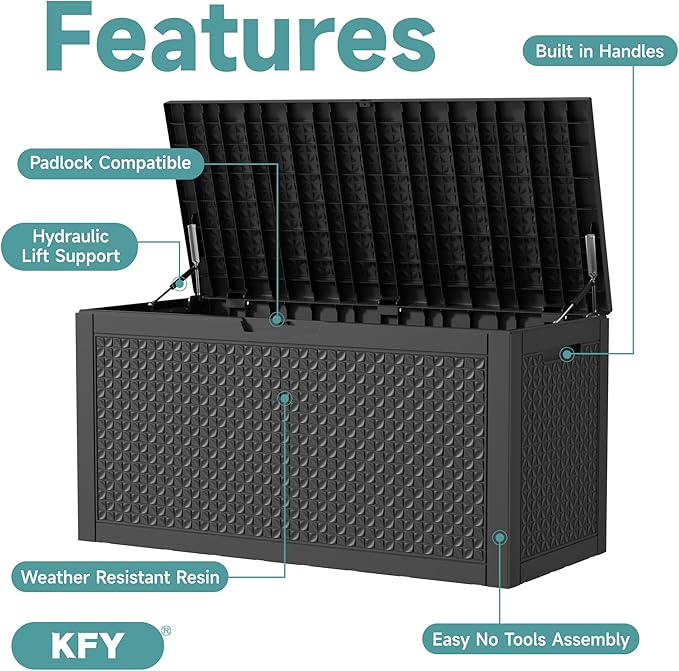 101 Gallon Waterproof Outdoor Storage Box, UV Resistant Resin Deck Box with Hydraulic Rod for Reinforced Stability, Perfect for Patio, Garden, and Pool（Black，101 Gallon）