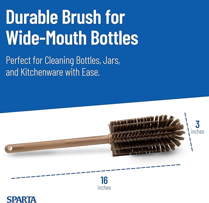 SPARTA Large Water Bottle Brush Ideal for Wide-Mouth Jars, Bottles and Tumblers, Dishwashing Tool with Handle for Home and Commercial Kitchens, Plastic, 16 Inches, Brown