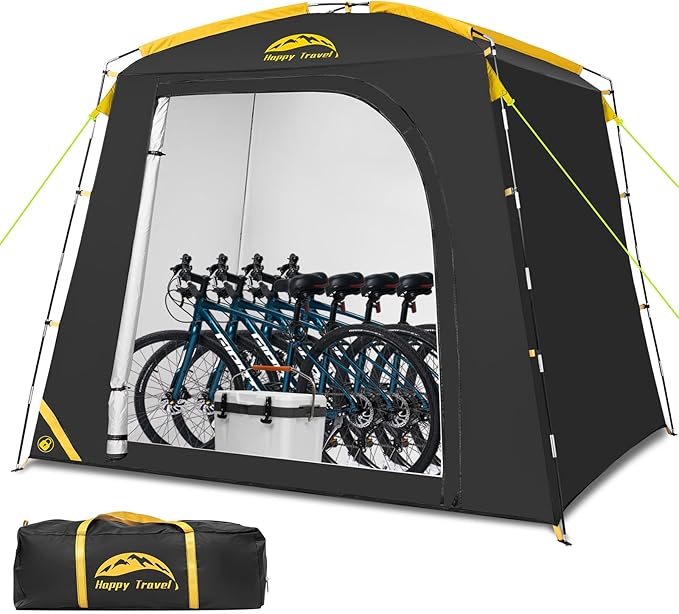 Happy Travel Bike Storage Shed Tent, Waterproof Portable Bike Cover with 40% More Top Space for 2/3/4/5 Bikes,Clips Easy Setup Sheds Shelter with Lockable Bicycle Design for Garden Tools, Lawn Mower
