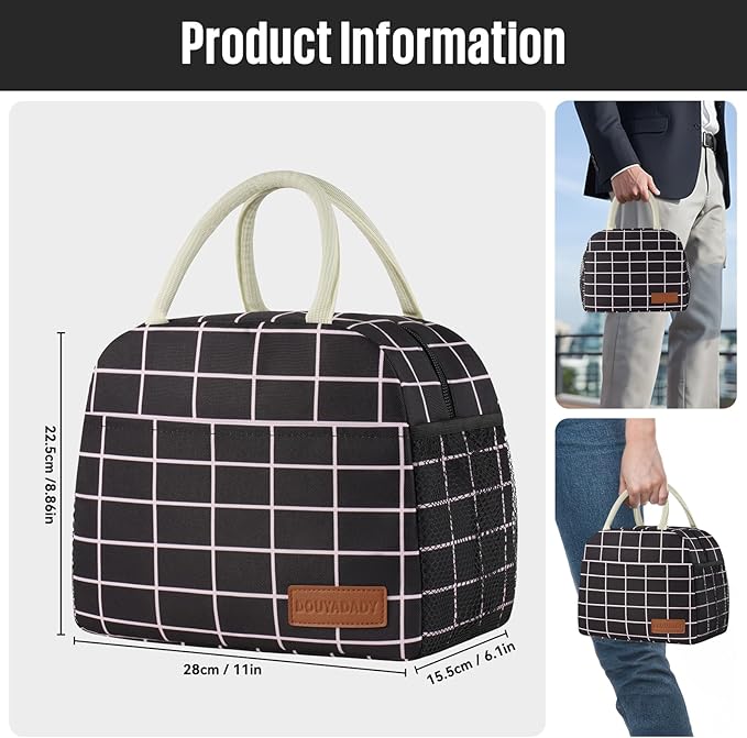 Lunch Bag Women/Men Lunch Box Women/Men (Black+Pink Blocks)