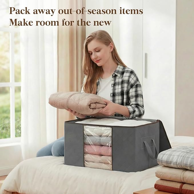 Lifewit 6 Pack 60L Clothes Storage Bins with Lids, Foldable Blanket Storage Bags with Zippers, Clear Window and Reinforced Handles, Closet and Organization for Clothing, Sweater, Comforter, Bedding
