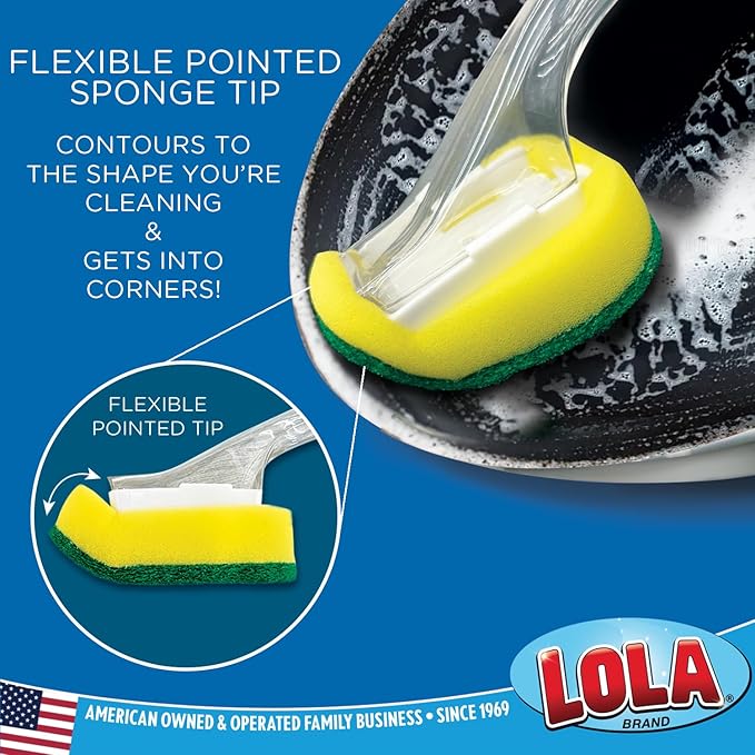 LOLA Dish Brush w/Soap Dispenser Wand, 12 Brushes w/Heads & 72 Refills, Absorbent Sponge Scrubber, No Leaking. Clean Dishes, Sinks and Cookware