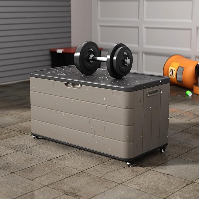 Outdoor Storage Deck Box Waterproof, 110 Gal Wheels Large Lockable Patio Storage Bin Chest, Resin Outside Container Seat Bench for Furniture Cushions, Pool Accessories, Garden Tools & Delivery, Brown