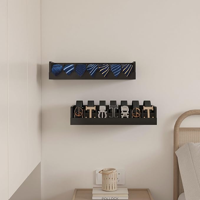 Bamboo Belt Storage Organizer Box - Belt Organizer for Closet | Wooden Belt Tie Hanger Racks for Men Women Drawer | Belt Display Holder Wall Mount with 2 Pcs Tie Clip (Black, 2 7GRIDS)