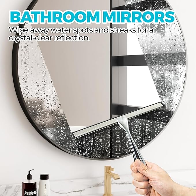 2PACK 12-Inch All-Purpose Shower Squeegee for Shower Doors, Tile Shower Walls, Bathroom, Window, Glass and Car Windshield, Mirrors and Kitchen-Stainless Steel, Silver