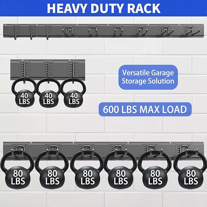 Garden Tool Organizer Wall Mount, 48inch Heavy Duty Garden Tool organizer Storage System, Easy Install With 9 Adjustable Hooks, For Garage, Basement, Shed, Workshop(Black)