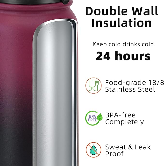 Fanhaw 32 oz Insulated Stainless Steel Water Bottle with Anti-Dust Chug Lid, Leakproof Vacuum Sports Bottle for Men & Women (Red Black)