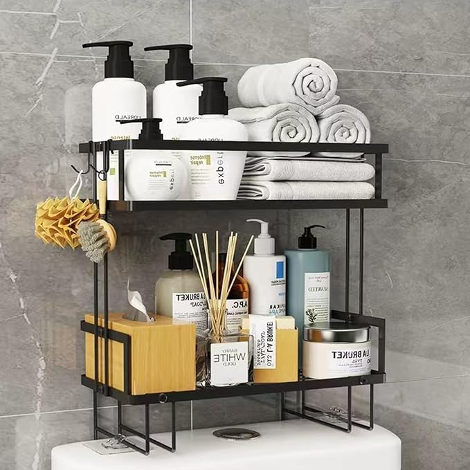 ShellKingdom Over The Toilet Storage Shelf, 2 Tier Toilet Paper Holder Stand Shelves, Punch-Free Bathroom Storage Rack with 2 Hooks, Small Space Organizers for Bathroom, Home, Countertop, Black