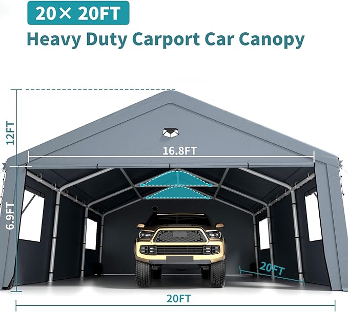 20X20 Carports Heavy Duty,Car Port with Removable Side Wall,Carport Canopy,Portable Car Port Garage,Car Shelter All Weather,Gray