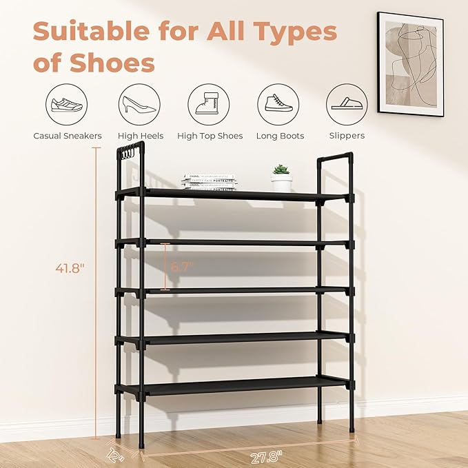 5 Tier Shoe Rack for Closet Shoe Organizer with 5 Hooks, Long Shoe Shelf Storage for Shoe and Boot Stackable Free Standing Shoe Rack for Entryway, Garage, Small Spaces, Dorm, Black