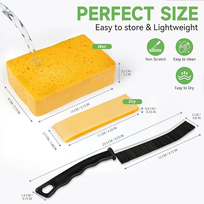LILAC 6 Pcs Deep Cleaning Set: 2 Pack Stiff-Bristle Crevice Cleaning Brushes & 4 Pack Compressed Natural Cellulose Sponges, Gap Cleaner Scrubber Tool for Window Tracks, Tile, Kitchen, Bathroom