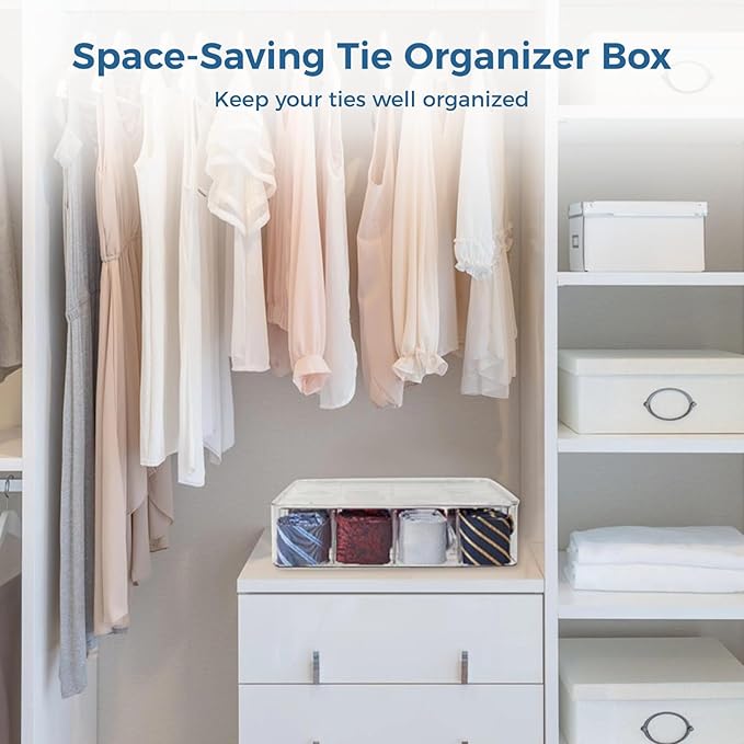 Varku Tie Organizer Box, 12-Cell Clear Tie Rack Organizer, Stackable Tie Display Rack, Drawer Closet Storage Bin with Lid, Storage Box for Ties (12 Grids)
