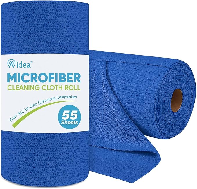 AIDEA Microfiber Cleaning Cloth Roll, Shop Towels 55 Sheets Washable, Microfiber Towels for Cars, Shop Rags Reusable Paper Towel for Automotive, House, Kitchen, Cleaning Supplies 11×9", Dark Blue